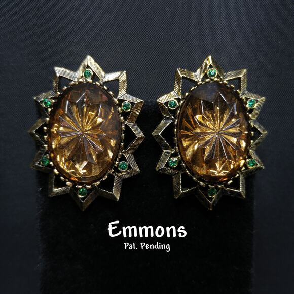Vintage Emmons Molded Topaz Glass Clip Earrings, Green Rhinestone Accents - Picture 1 of 10